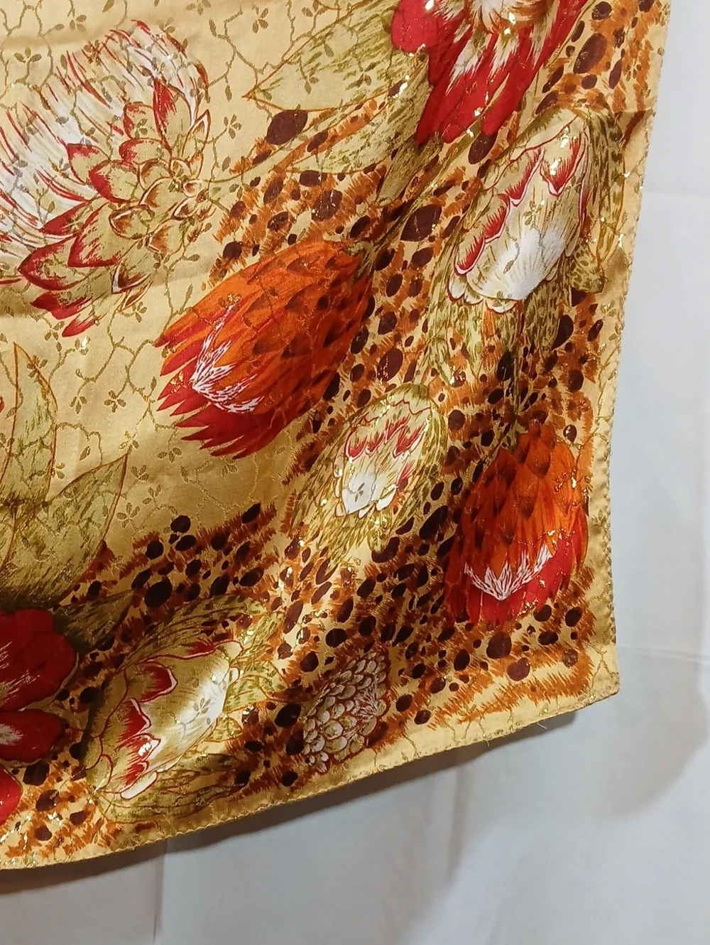 Womens Floral Silk Scarf Metallic Gold 34 Inch Square Orange Red